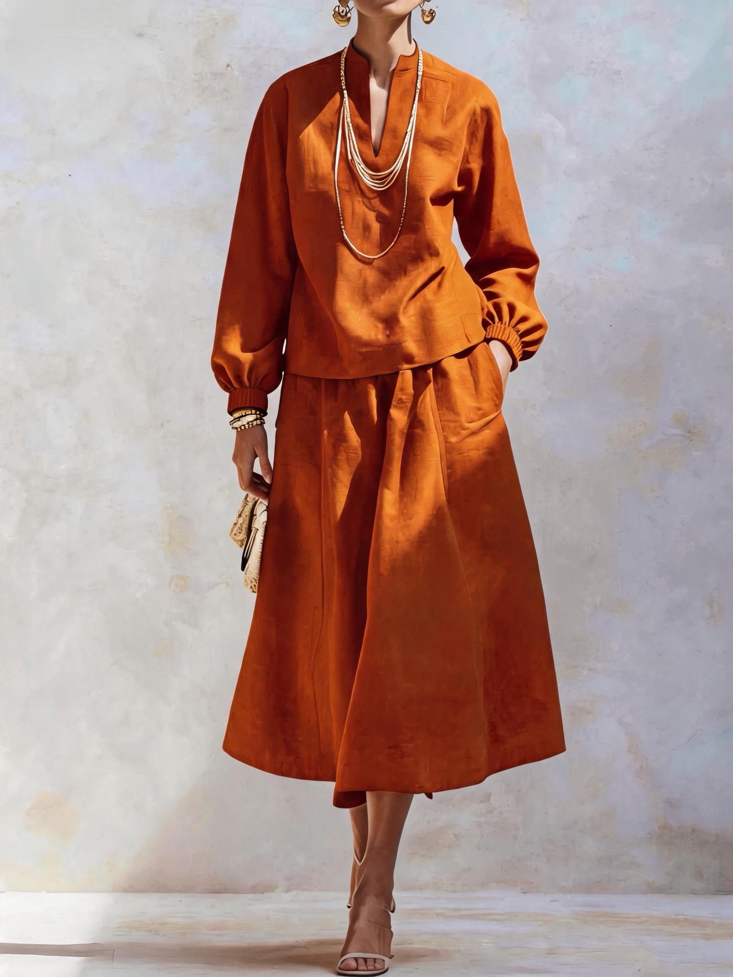Women's Elegant V Neck Knit Top Midi Skirt Two Piece Set