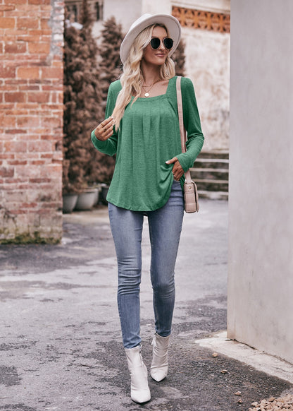 Square Neck Pleated Long Sleeve Top for Women