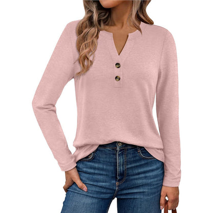 Women's Long Sleeve V-Neck Henley Loose Fit Top