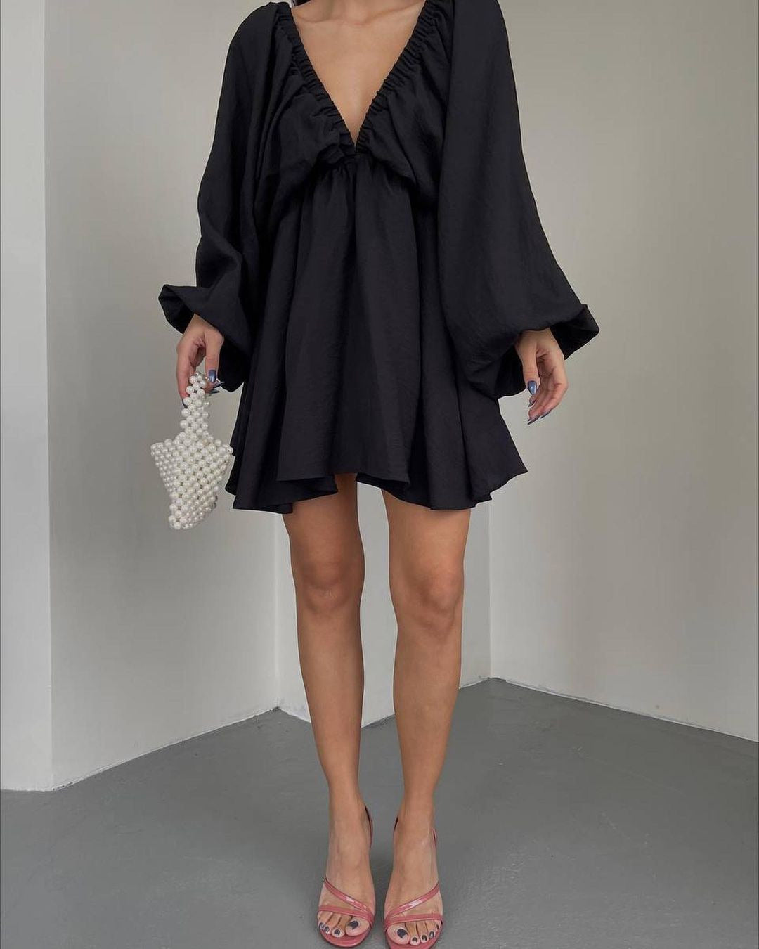 Women's V Neck Puff Sleeve Ruched Mini Flare Dress