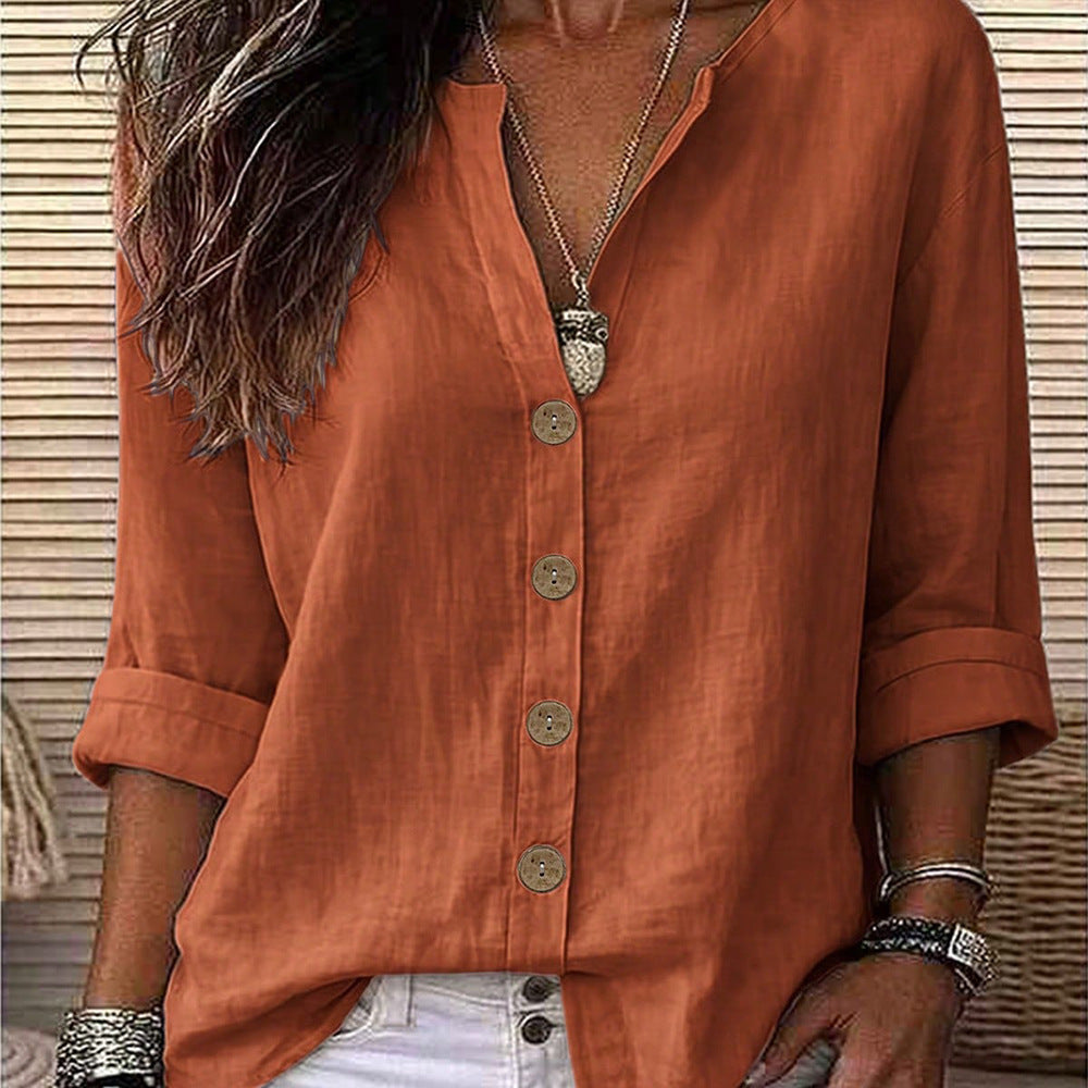 Women's V-Neck Button Front Relaxed Roll-Sleeve Blouse