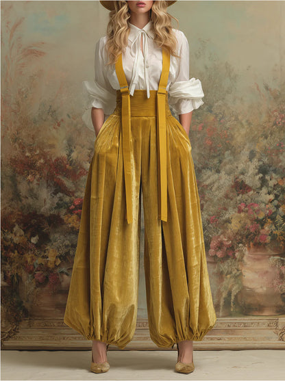 Women's Velvet Suspender Balloon Pants High Waist