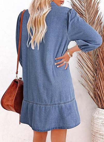 Women's V-Neck Denim Dress Puff Sleeve Tiered Jean Dress