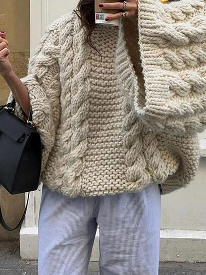 Women's Oversized Chunky Cable Knit Crew Neck Sweater