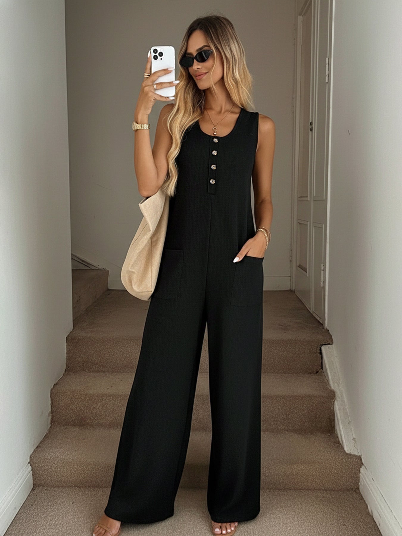 Sleeveless Button Front Wide Leg Jumpsuit with Pockets