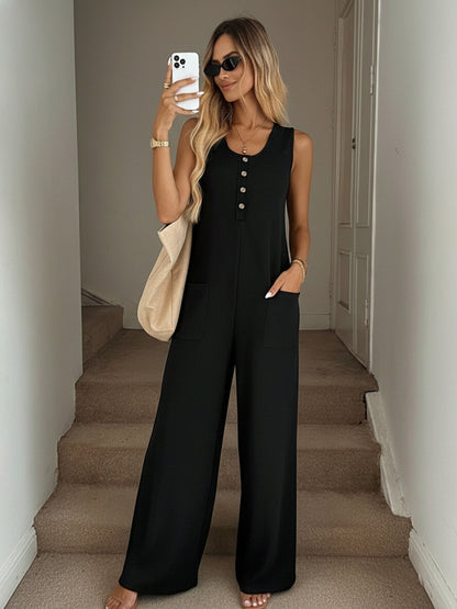 Sleeveless Button Front Wide Leg Jumpsuit with Pockets
