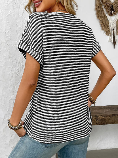 Women’s V-Neck Striped Loose Fit Short Sleeve Tee