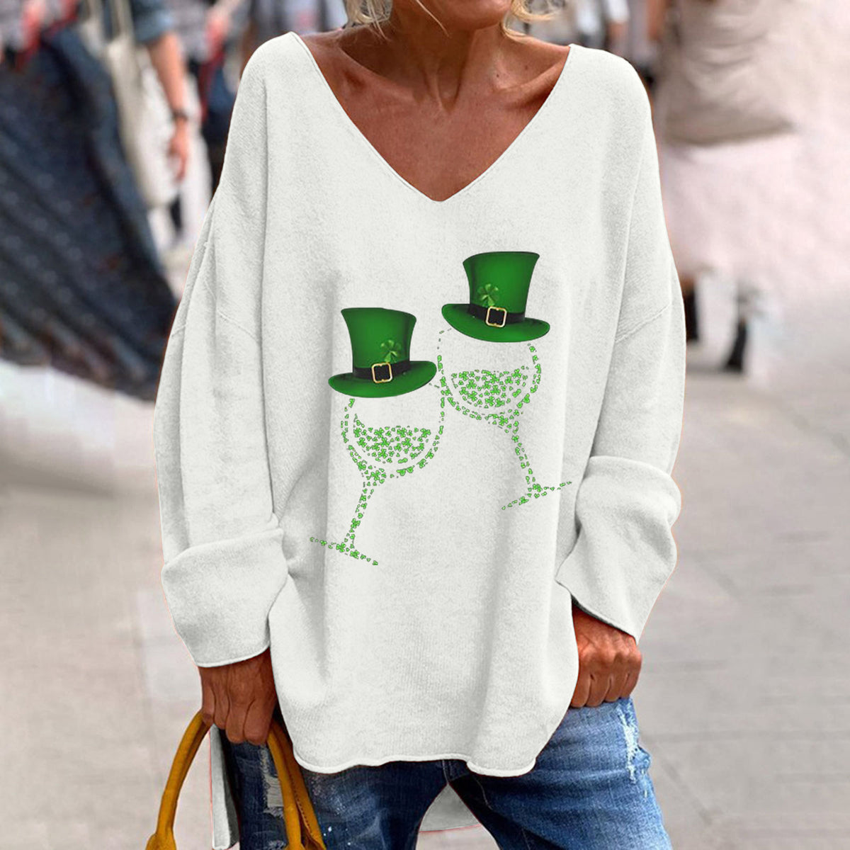 Women's St. Patrick's Day V-Neck Long Sleeve Oversized Tee