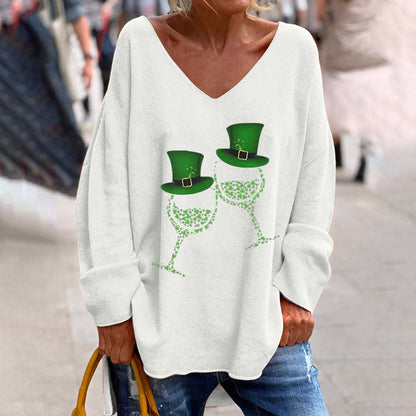 Women's St. Patrick's Day V-Neck Long Sleeve Oversized Tee