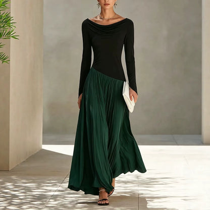 Cowl Neck Colorblock Long Sleeve Pleated Maxi Dress