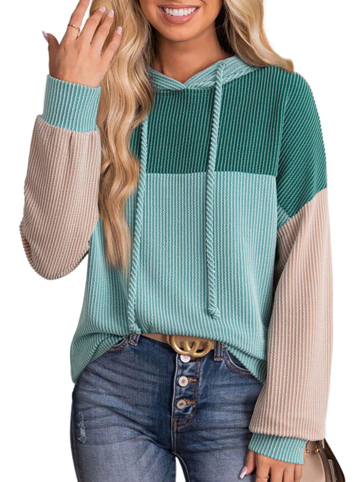 Color Block Ribbed Knit Hoodie Long Sleeve Sweatshirt