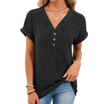 Ribbed Button V-Neck Top – Relaxed Fit Casual Summer Tee