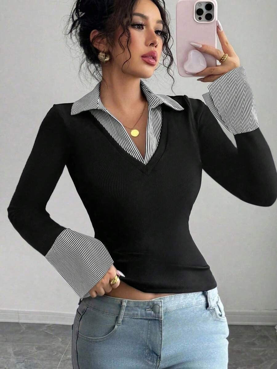Faux Layered Collared Knit Top V Neck Long Sleeve Tee