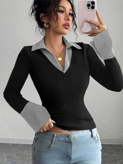 Faux Layered Collared Knit Top V Neck Long Sleeve Tee