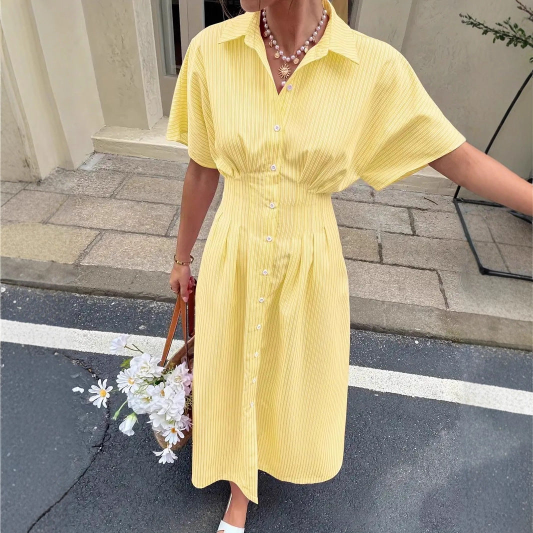 Striped Short Sleeve Button Front Midi Shirt Dress