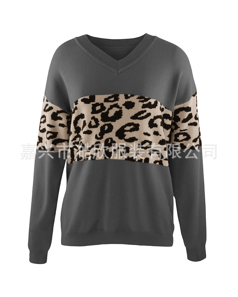 Women's V-Neck Leopard Color Block Sweater