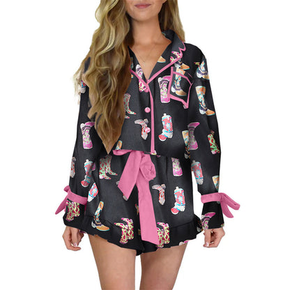 Women's Printed Satin Pajama Shorts Set Long Sleeve