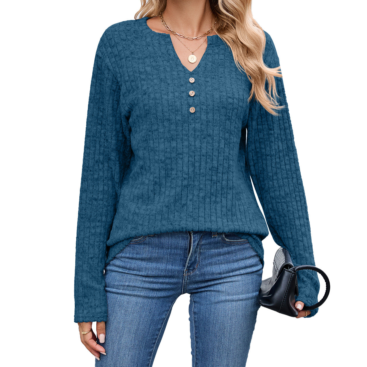 Women's Waffle Knit V Neck Button Long Sleeve Oversized Top