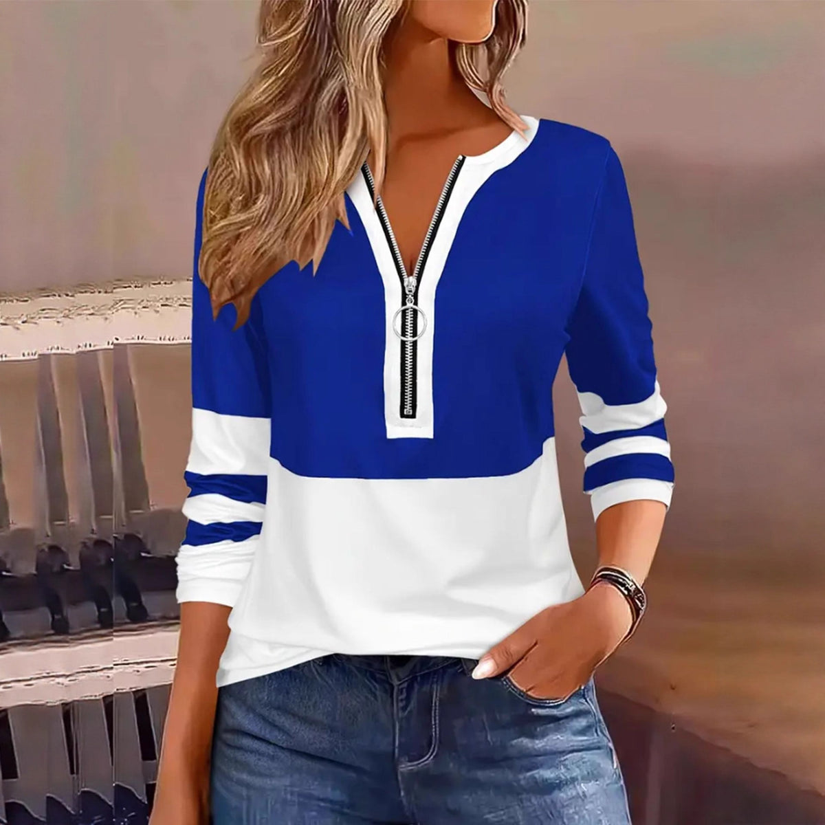Women's Color Block Quarter Zip Long Sleeve Plus Size Top