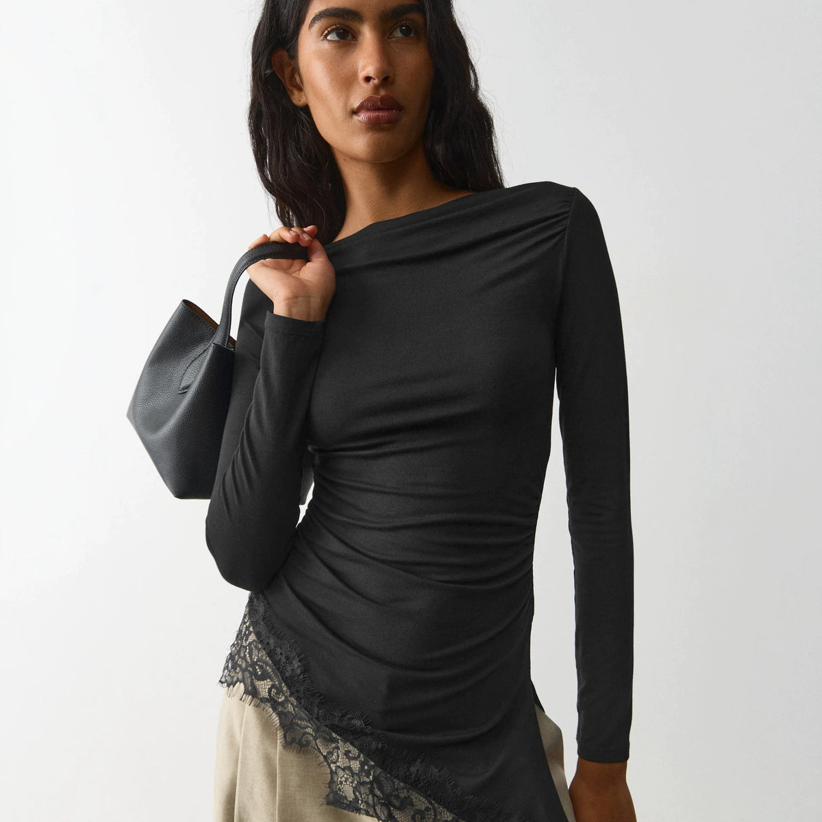 Lace Trim Long Sleeve Fitted Sexy Going Out Top