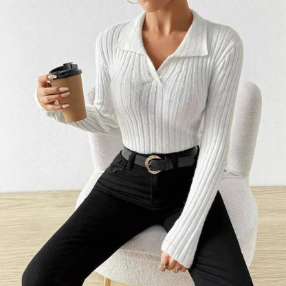 Women's Ribbed Knit Collared V Neck Long Sleeve Top