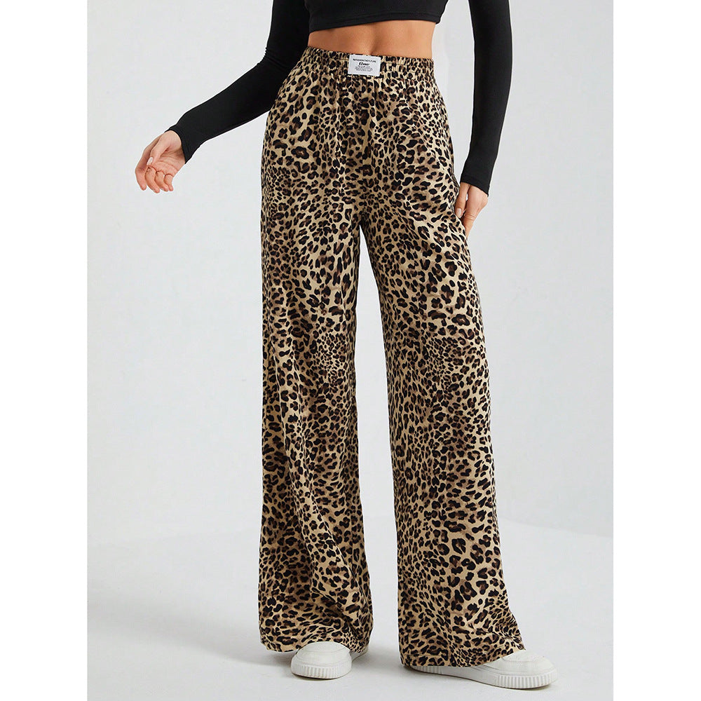 Leopard Print Wide Leg Pants High Waist Pocket Casual