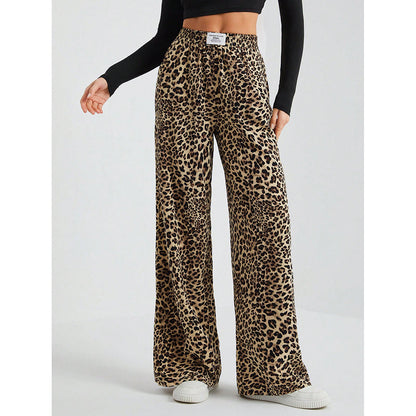 Leopard Print Wide Leg Pants High Waist Pocket Casual