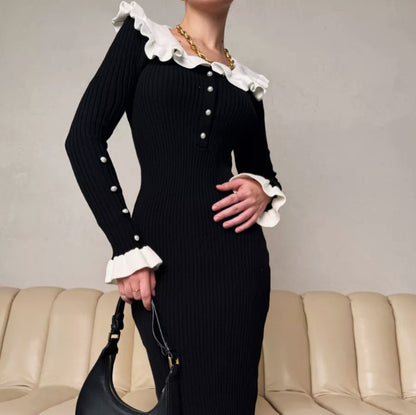 Ruffle Collar Colorblock Knit Bodycon Midi Dress Long Sleeve