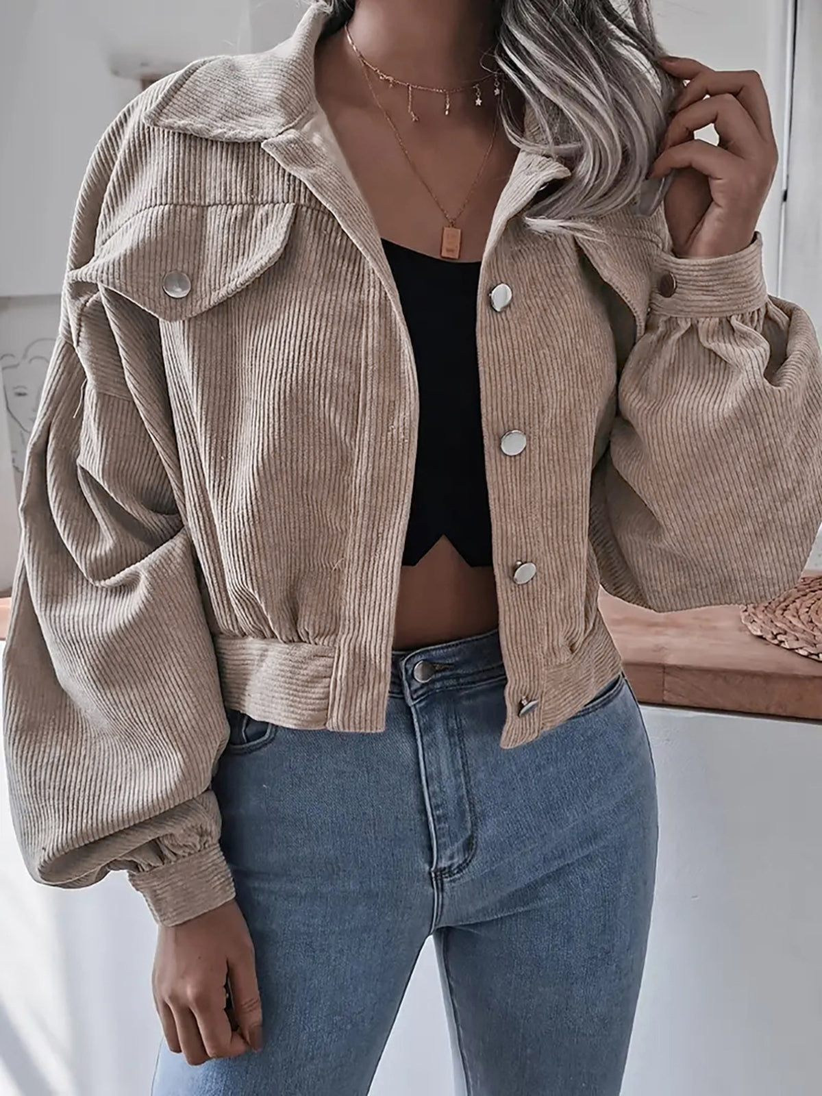 Womens Corduroy Cropped Jacket Balloon Sleeve Oversized
