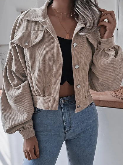 Womens Corduroy Cropped Jacket Balloon Sleeve Oversized
