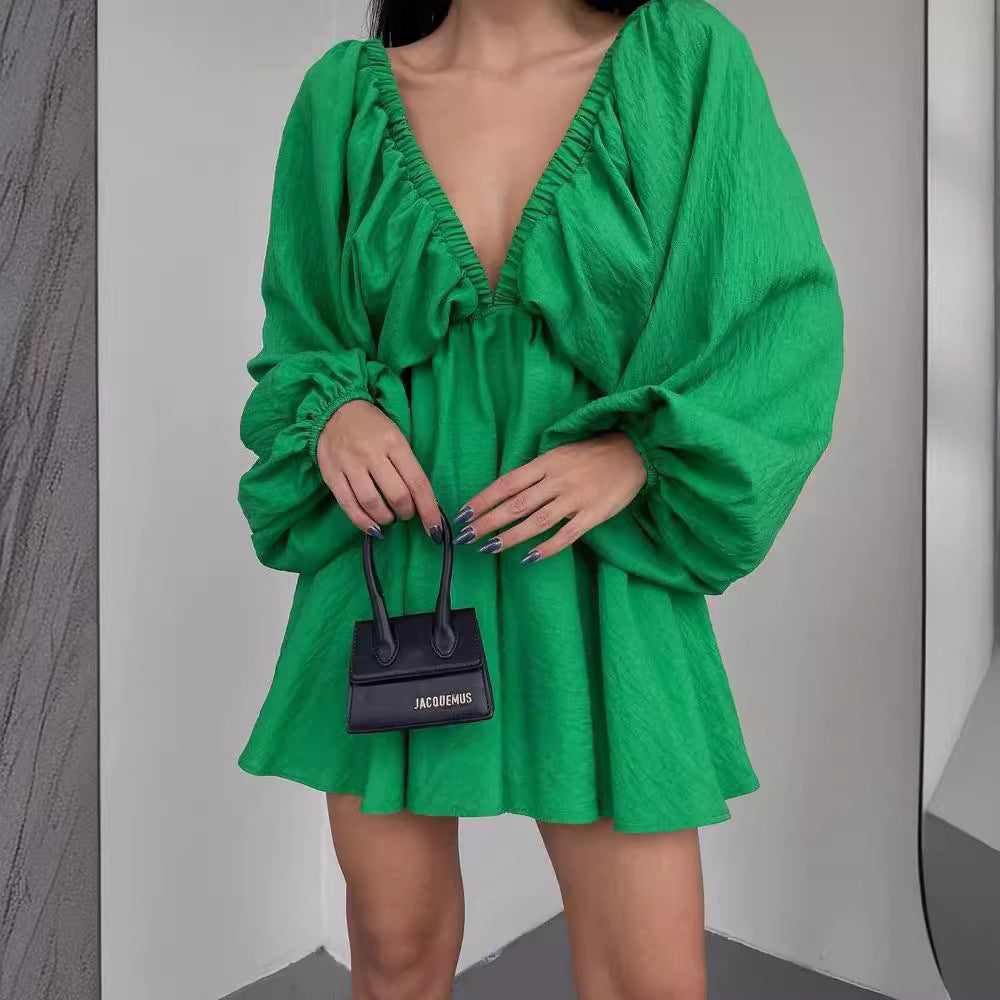 Women's V Neck Puff Sleeve Ruched Mini Flare Dress