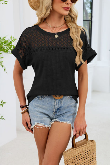 Crochet Lace Yoke Short Sleeve Waffle Knit Casual Top