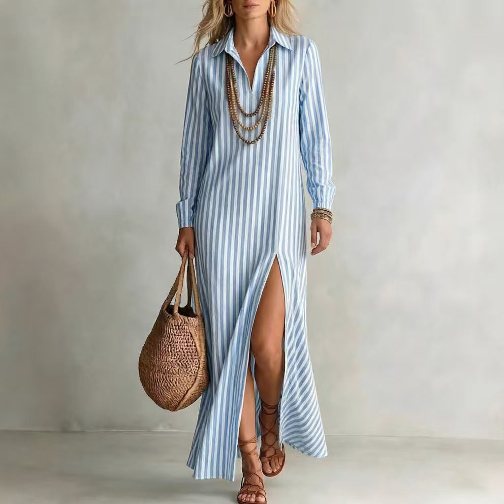 Women's Striped Collared Maxi Dress Long Sleeve Side Slit