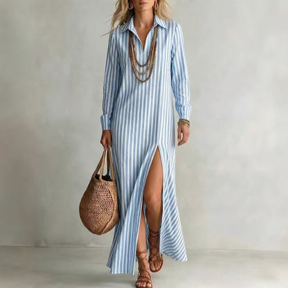 Women's Striped Collared Maxi Dress Long Sleeve Side Slit