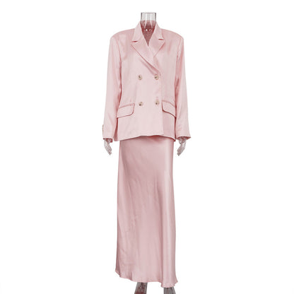 Women's Satin Blazer Maxi Skirt Two Piece Set