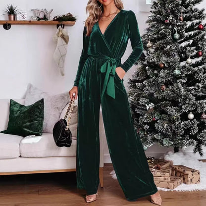 Women's Belted High Waist Wide Leg Long Sleeve Jumpsuit