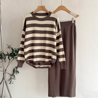 Striped Sweater & Midi Skirt Knit Matching Set