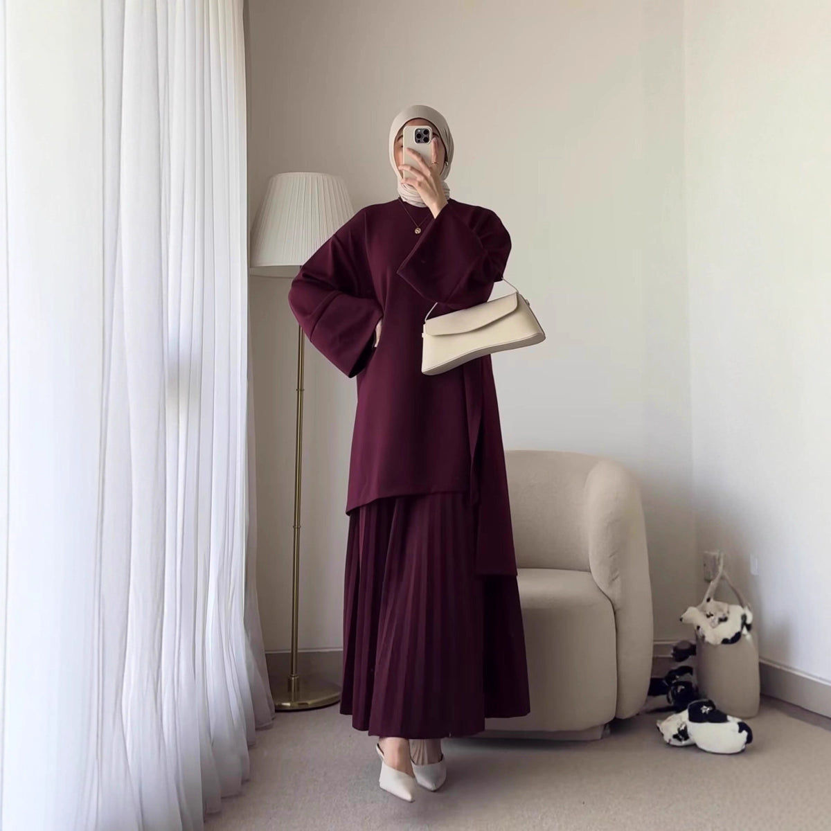Women Oversized Sweatshirt Pleated Maxi Skirt Set
