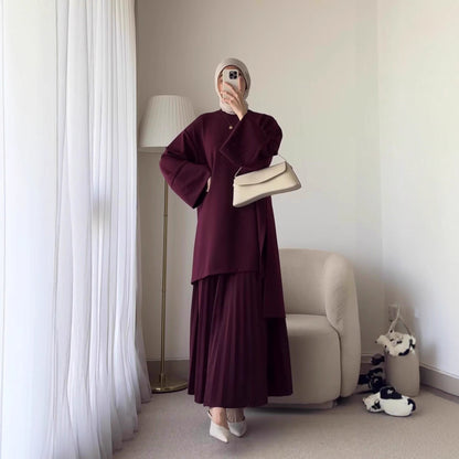 Women Oversized Sweatshirt Pleated Maxi Skirt Set