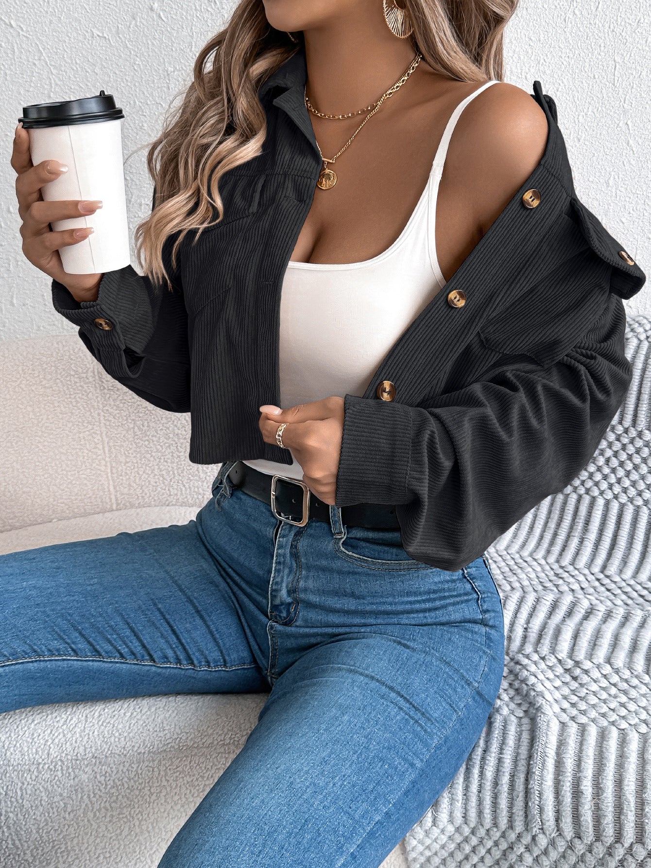 Corduroy Cropped Button Down Shacket for Women