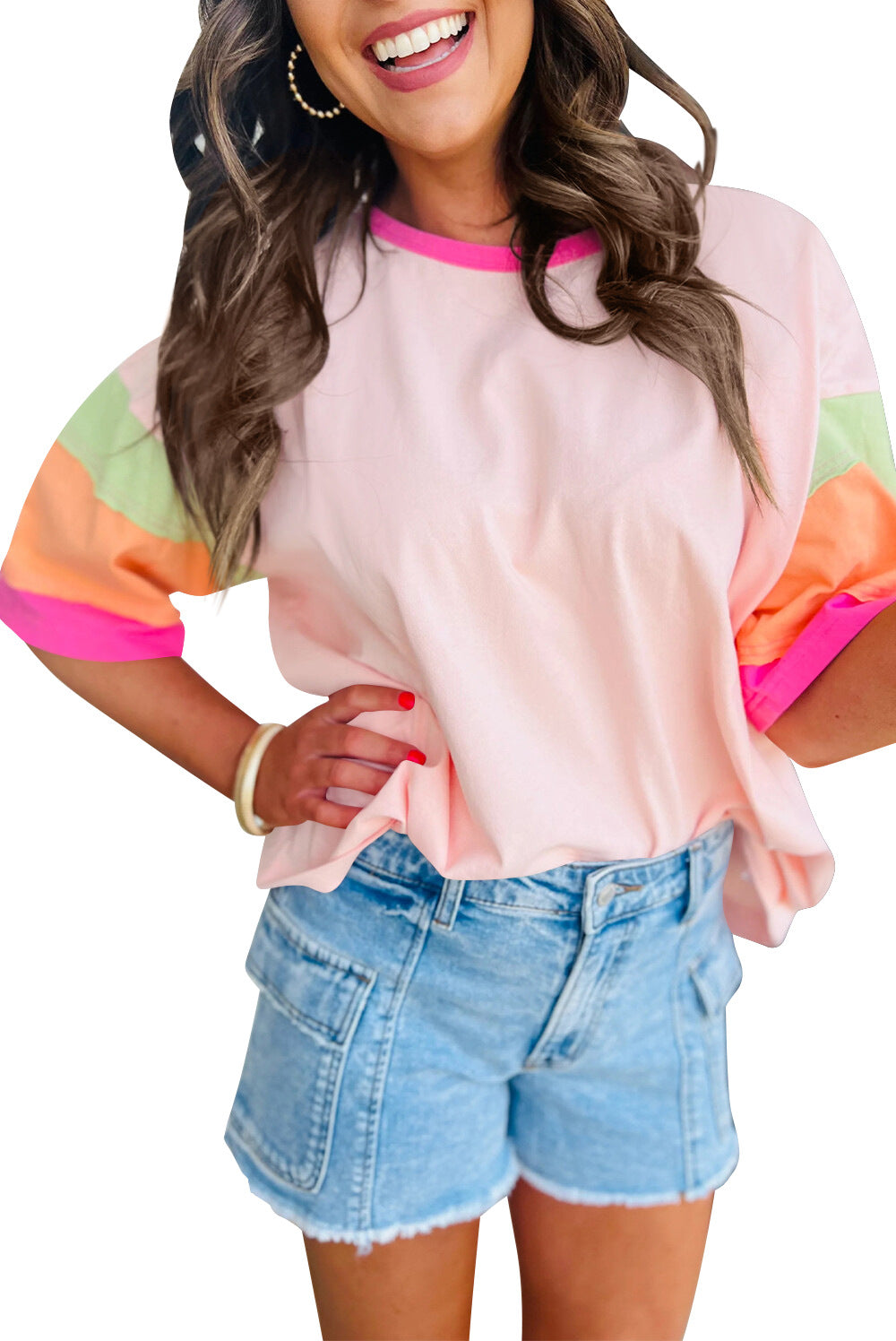 Colorblock Cotton Tee Loose Crew Neck Short Sleeve