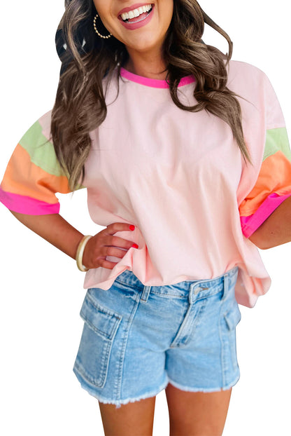Colorblock Cotton Tee Loose Crew Neck Short Sleeve