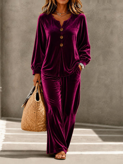 Women's Velvet V-Neck Lounge Set Button Front Top Pants