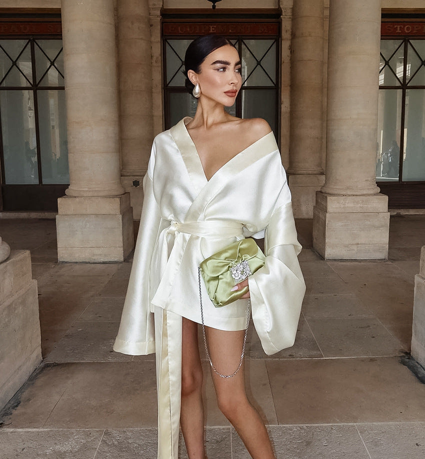 Sexy Satin V-Neck Tie Waist Long Sleeve Mini Dress