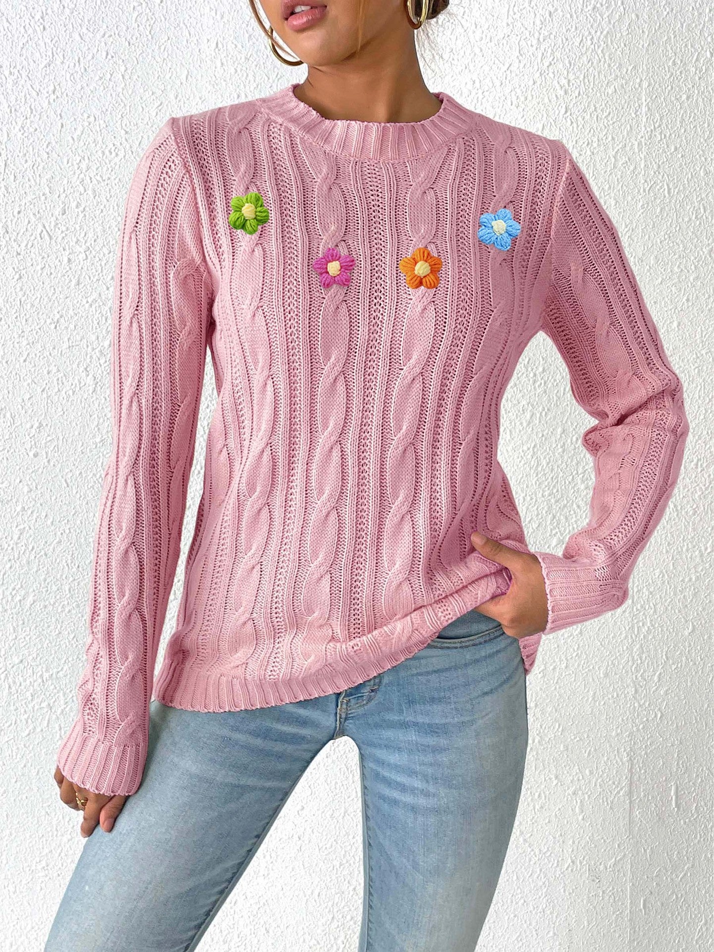 Women's Crew Neck Bottom Shirt Hand Hook Splicing Sweater