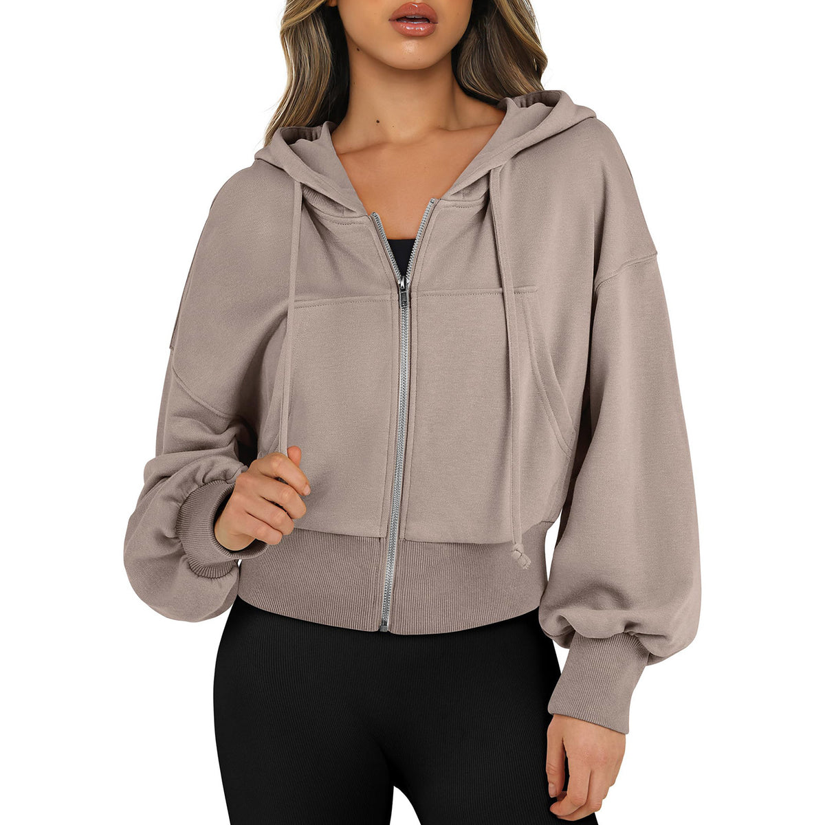 Women's Oversized Cropped Zip Up Hoodie Fleece Jacket
