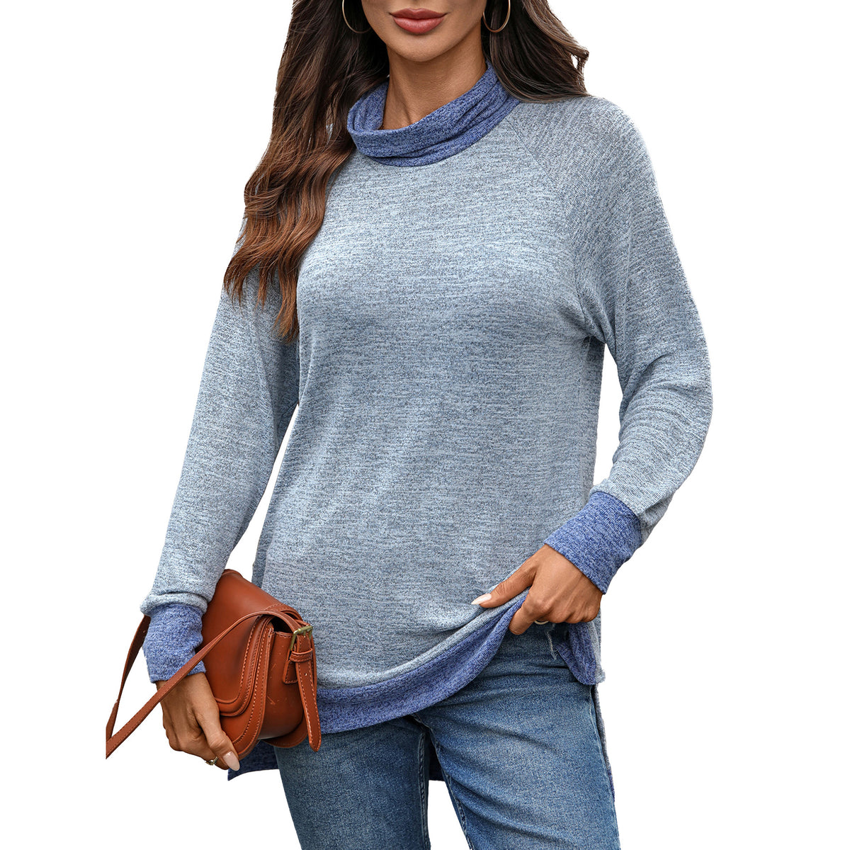 Women's Color Block Cowl Neck Long Sleeve Tunic Top