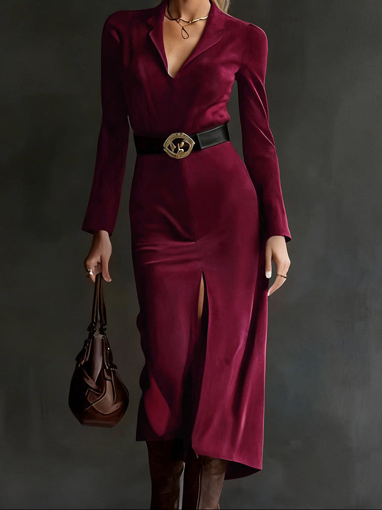 Suede Blazer Midi Dress Belted Long Sleeve Slit