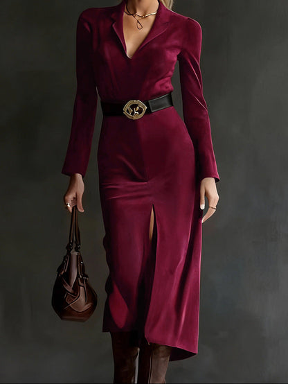 Suede Blazer Midi Dress Belted Long Sleeve Slit