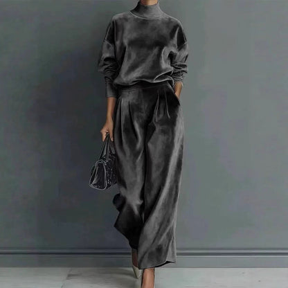 Women Elegant Mock Neck Wide Leg Pants Matching Set